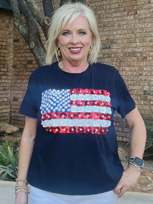 Queen of Sparkles Navy Flower American Flag Tee