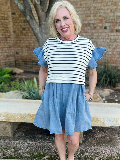 Myrtle Beach Brunch Stripe Knit and Denim Dress